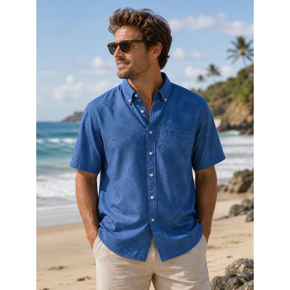 Ariat Mens XXL Blue Tropical Palm Leaf Jacquard Short Sleeve Button Down Shirt